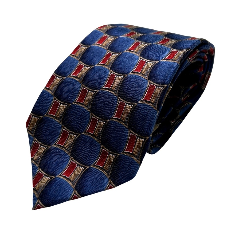 J.Z. Richards Nordstrom Mens Silk Tie Blue Red Geometric 4" Wide Hand Made USA